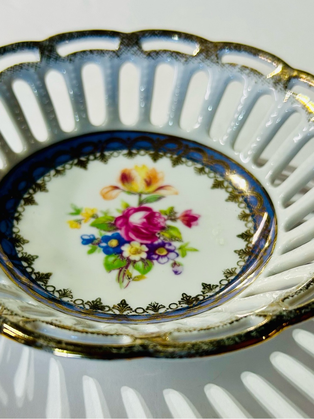 PM European Candy Dish Vintage Porcelain Pierced Rim Floral